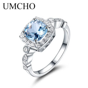 UMCHO S925 Sterling Silver Rings for Women Nano Blue Topaz Ring Gemstone Aquamarine Cushion  Romantic Gift Engagement Jewelry