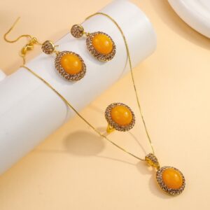 Natural chalcedony three-piece royal yellow women's ring earrings necklace